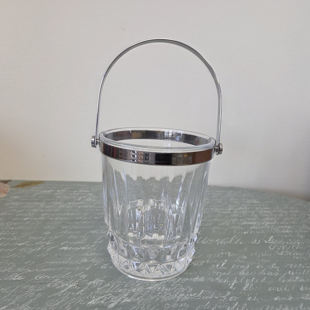 Vintage French Crystal‎ D'Arques Glass Ice Bucket Clear Chrome Handle 5"